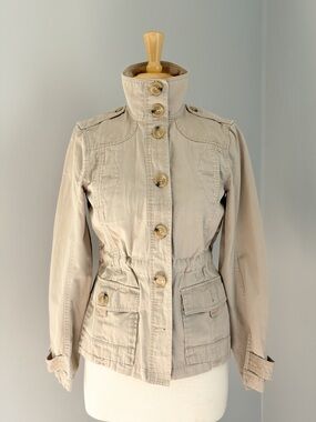 Y2K Eddie Bauer Utility Jacket Tan Cotton Funnel Neck Safari Style S